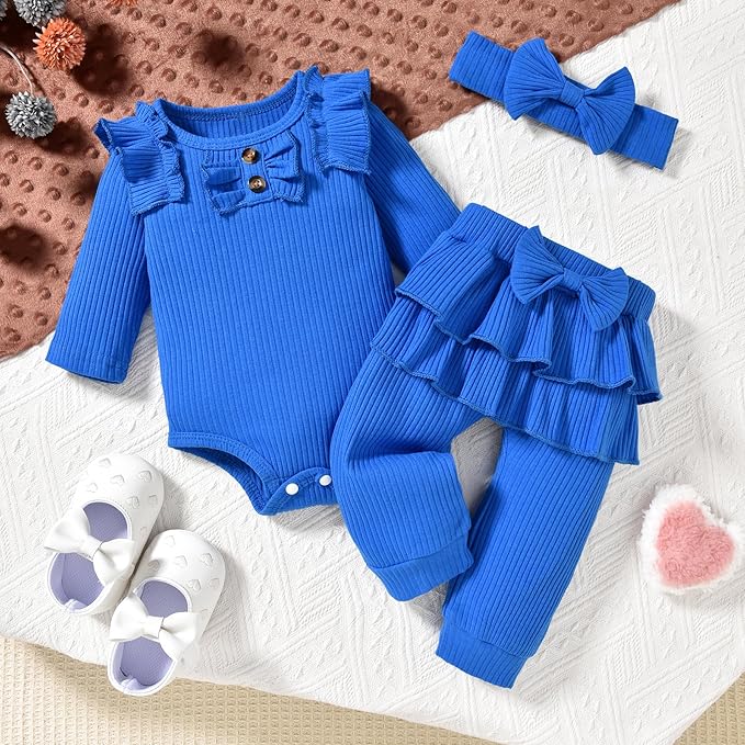 Aalizzwell Preemie Newborn Infant Baby Girls Clothes Ribbed Bodysuit Pants Set Fall Winter Outfits