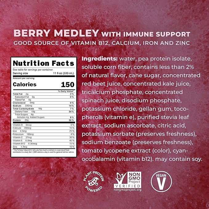 Evolve Plant Based Protein Shake, Berry Medley, 20g Vegan Protein, Immune Support, Vitamin C & Zinc, Dairy Free, No Artificial Sweeteners, Non-GMO, 10g Fiber, 11oz, (12 Pack) (Formula May Vary)