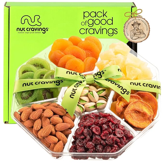NUT CRAVINGS - Rosh Hashana & Shana Tova Dried Fruit & Mixed Nuts Gift Basket + Green Ribbon (7 Assortments, 1 LB) Food Arrangement, Healthy Snack Care Package, Food Assortments