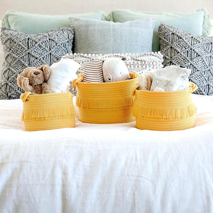 NaturalCozy 3-Piece Boho Decor Storage Basket Set – Cotton Rope Woven Baskets for Organizing! Small Basket for Baby Stuff, Baby Shower, Gift Basket, Nursery Baby Basket, Planter, Toy Basket, Shelves
