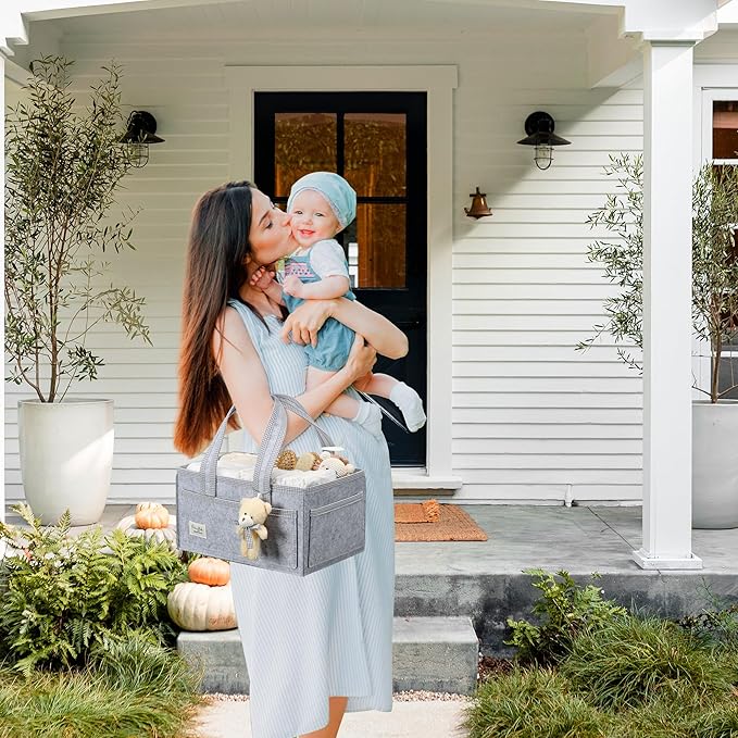 PeraBella Diaper Caddy Organizer with Handle, Baby Shower Gifts Basket Bag, Registry Search Must Haves Items, Nursery Storage Organizer for Newborn Girl Boy, Baby Bag Essentials, Car Diaper Caddy Cart