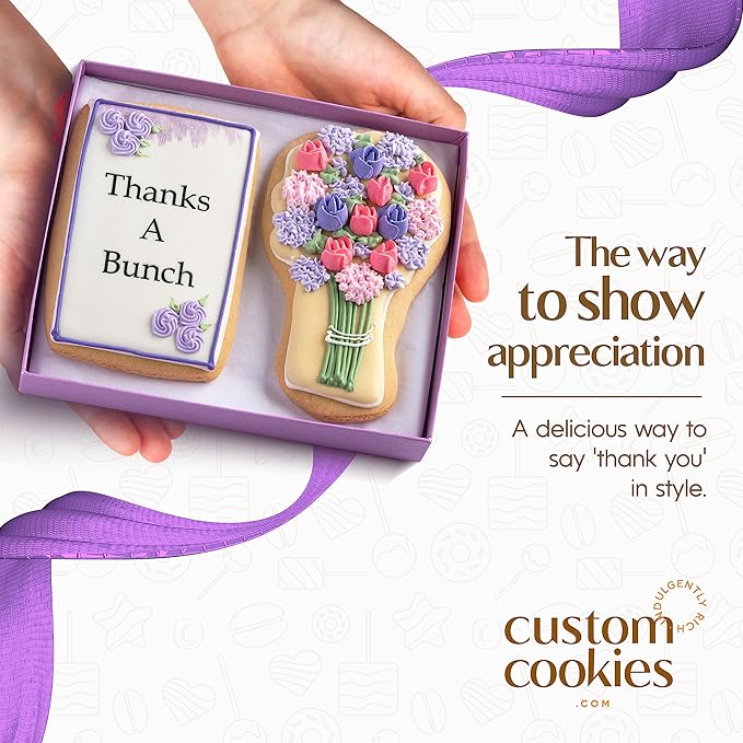 Gourmet Floral Thank you Cookie Gift Basket | 2 Large 2.5 x 4.5 in Vanilla Sugar Cookies Hand-Decorated Snack Variety Pack | Kosher Bakery Care Package For Women, Men Boys & Girls