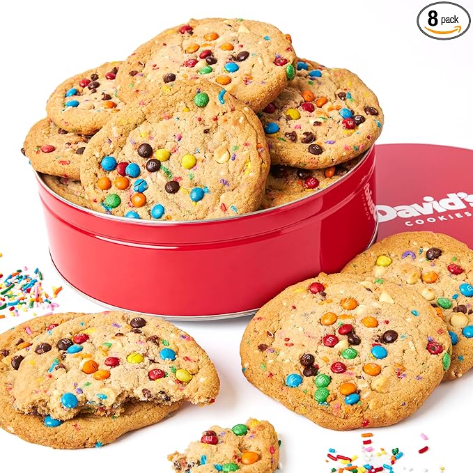 David's Cookies Fresh Baked Decadent Jumbo Birthday Gourmet Cookies – 2lb Gift Basket Tin with 8 Large Birthday Cookies – Bakery-Style Soft and Chewy Dessert for Birthdays, Holidays, Thank You Gifts