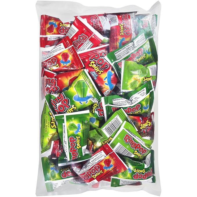 Ring Pop Sour Candy Lollipops, 30 Ct Bulk Individually Wrapped in Assorted Fruity Sour Flavors, Full Size, Fun Hard Candy For Birthday, Party Favors, Bachelorette Parties & Gifts For Kids
