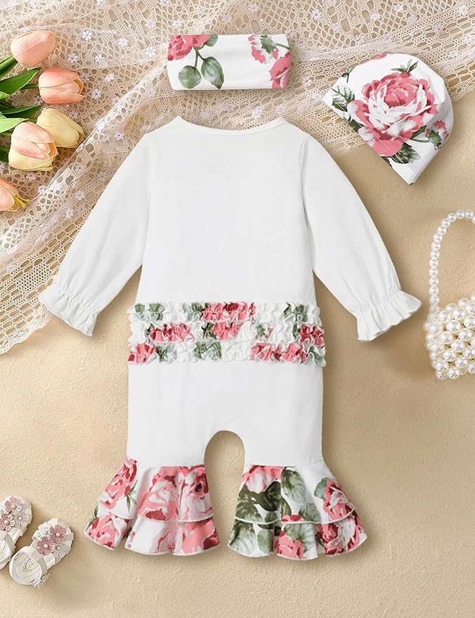 AGAPENG Newborn Girl Clothes Ruffle Letter Print Romper Infant Bell Bottom Jumpsuit Boho Baby Girl Clothes with Headband Hat