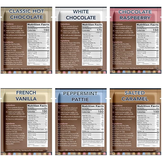 Double Donut Flavored Hot Chocolate Packets, Gourmet Hot Cocoa Mix Variety Pack 30 Count Includes Classic, White Chocolate, Choc Raspberry, Salted Caramel, French Vanilla & Peppermint