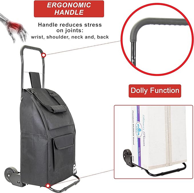 dbest products Trolley Dolly Compact with Pockets – Foldable Grocery Cart on Wheels – Multi Use Rolling Cart with Removable Bag, Storage Pockets, and Hand Truck Dolly Function, Black