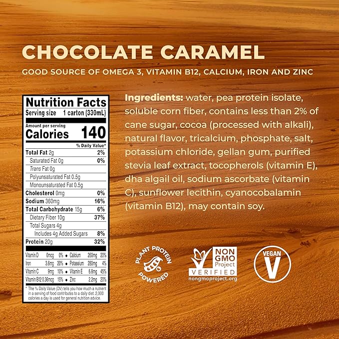 Evolve Plant Based Protein Shake, Chocolate Caramel, 20g Vegan Protein, Dairy Free, No Artificial Sweeteners, Non-GMO, 10g Fiber, 11oz, (12 Pack)