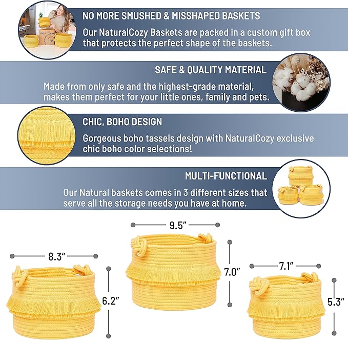 NaturalCozy 3-Piece Boho Decor Storage Basket Set – Cotton Rope Woven Baskets for Organizing! Small Basket for Baby Stuff, Baby Shower, Gift Basket, Nursery Baby Basket, Planter, Toy Basket, Shelves