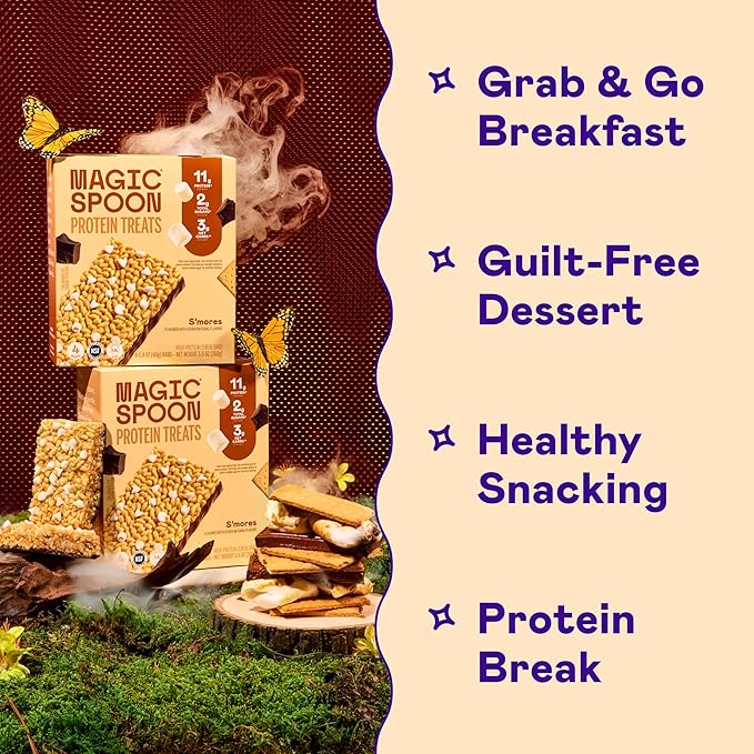 MAGIC SPOON Treats - High Protein, Low Carb, Keto Friendly, Low Sugar, Gluten Free, Crispy Protein Bar Cereal Bar, On-The-Go Healthy Snack (Smores, 8 Bars)