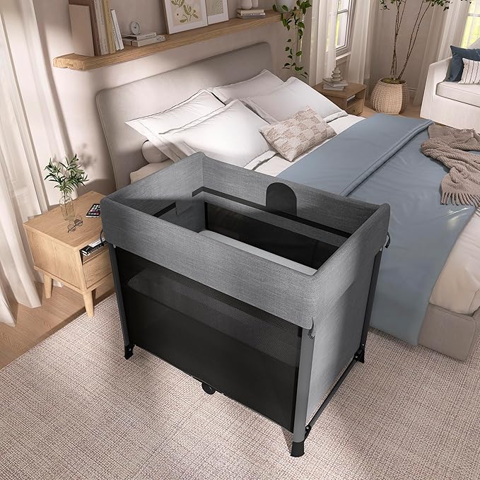 Evolur Zane Portable Playard – Foldable, Removable Mattress, Easy to Use Baby Bassinet for Travel & Home, Grey
