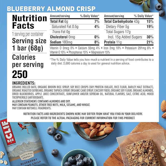 CLIF BAR - Blueberry Almond Crisp - Made with Organic Oats - Energy Bars - Non-GMO - Plant Based Protein Bars (10 Pack)