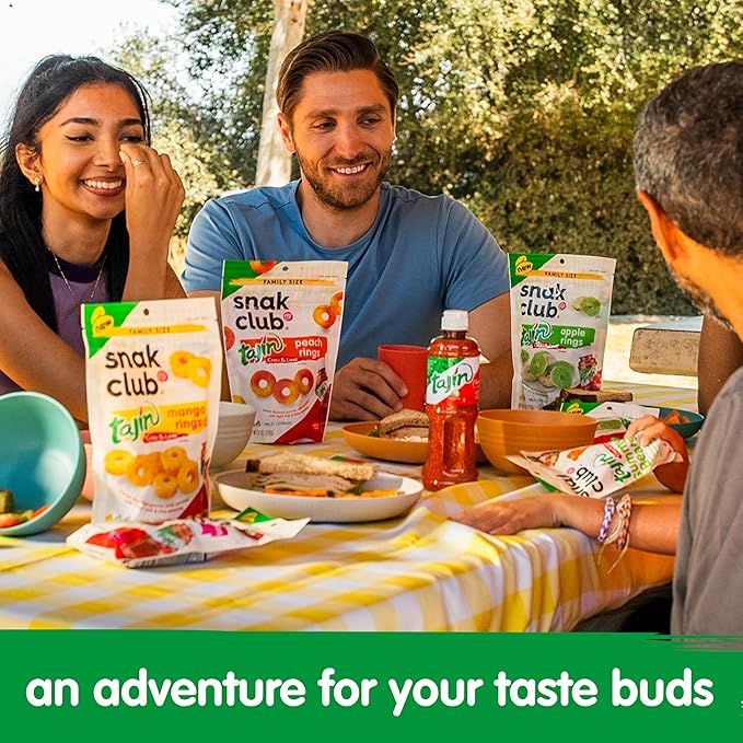 Snak Club Tajin Gummy Candy Fruit Rings, Gummies with Chili and Lime Seasoning, Mild Spice, Gluten-Free and Vegan Snacks, Assorted Variety, Mango, Pineapple, Peach, Watermelon, Snack Size 12 Pack