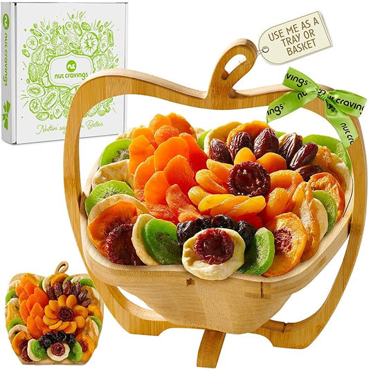 NUT CRAVINGS - Rosh Hashana & Shana Tova Dried Fruit Flower Arrangement in Wooden Apple-Shaped Gift Basket + Tray (9 Assortment) Healthy Snack Care Package, Food Assortments