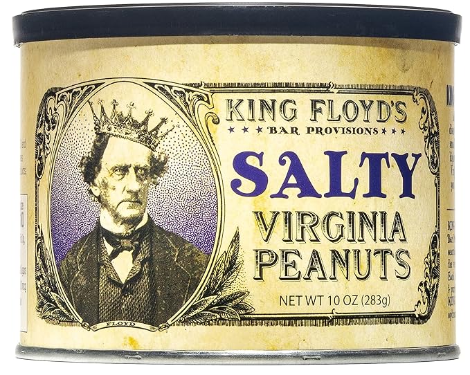 King Floyd's Salty Virginia Peanuts: 10 oz, Salted Flavored Peanuts, An Absolute Classic, Resealable Lid, Snack at your own risk, Once you start its difficult not to finish the whole tin.