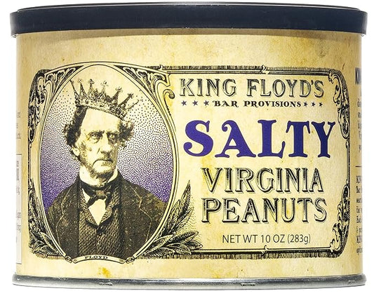 King Floyd's Salty Virginia Peanuts: 10 oz, Salted Flavored Peanuts, An Absolute Classic, Resealable Lid, Snack at your own risk, Once you start its difficult not to finish the whole tin.