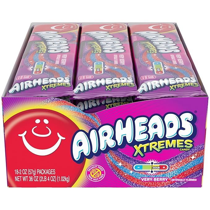 Airheads Xtremes Sweetly Sour Candy Belts, Halloween Trick or Treat Taffy Candy Variety Pack, Individually Wrapped Bulk Candy for Adults & Kids, Very Berry Flavor Artificially Flavored, 18 Count Box