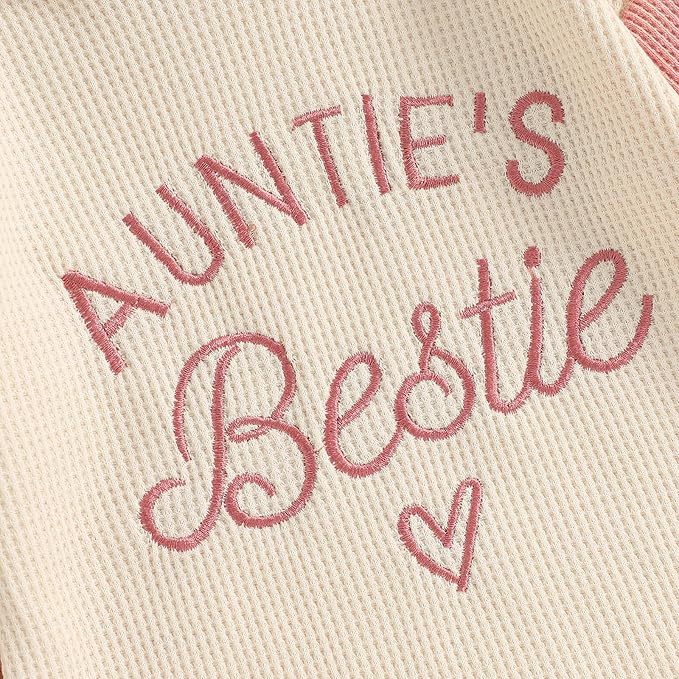 SAYOO Aunties Bestie Baby Girl Clothes Letter Embroidery Waffle Color Block Sweatshirt Bodysuit Fall Bubble Romper Pullover