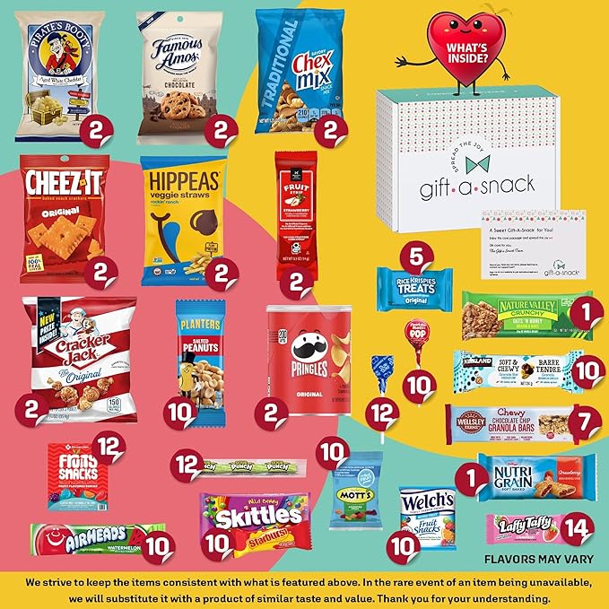 Gift A Snack - Back to School/Off to College Snack Box Variety Pack Care Package + Greeting Card (150 Count) Birthday Sweet Treats Gift Basket, Candies Chips Crackers Bars, Office Food Assortments