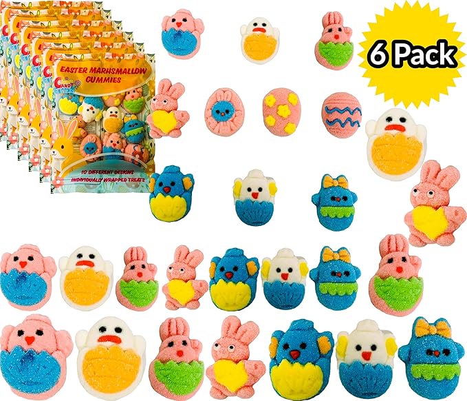 Easter Marshmallow Gummies - 10 Fun Designs, 6-Pack, Total 60 Individually Wrapped Gummies - Gluten-Free & Dairy-Free, Perfect for Egg Hunts
