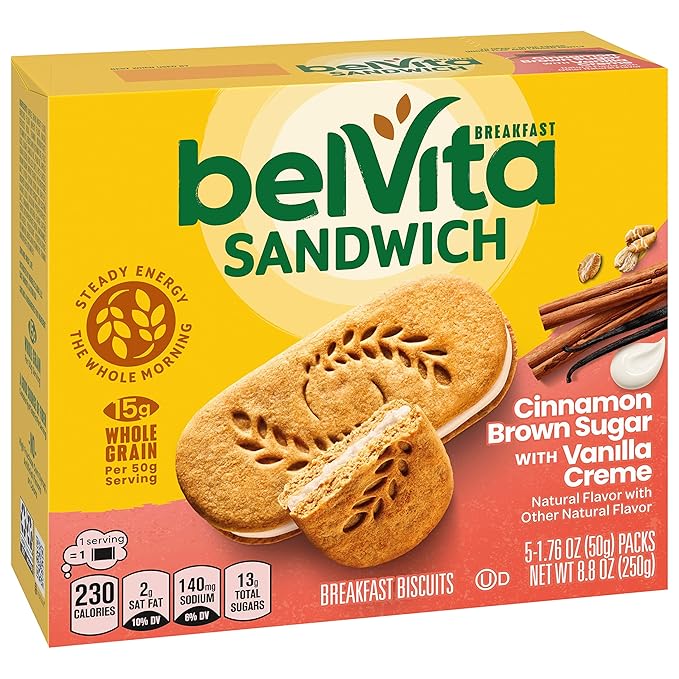 belVita Breakfast Bar Biscuit Sandwiches, Cinnamon Brown Sugar with Vanilla Creme, 30 Total Packs, 6 Boxes (2 Biscuits Per Pack)