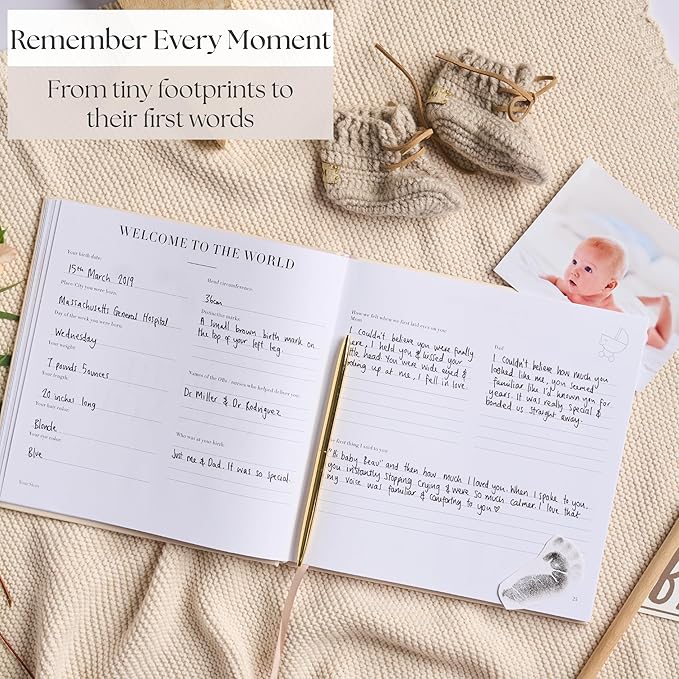Baby Memory Book – Cream Fabric Baby Journal for Boys or Girls | Keepsake Scrapbook & Photo Album from Birth to Age 5 | Newborn Gift for Baby Shower or New Parents