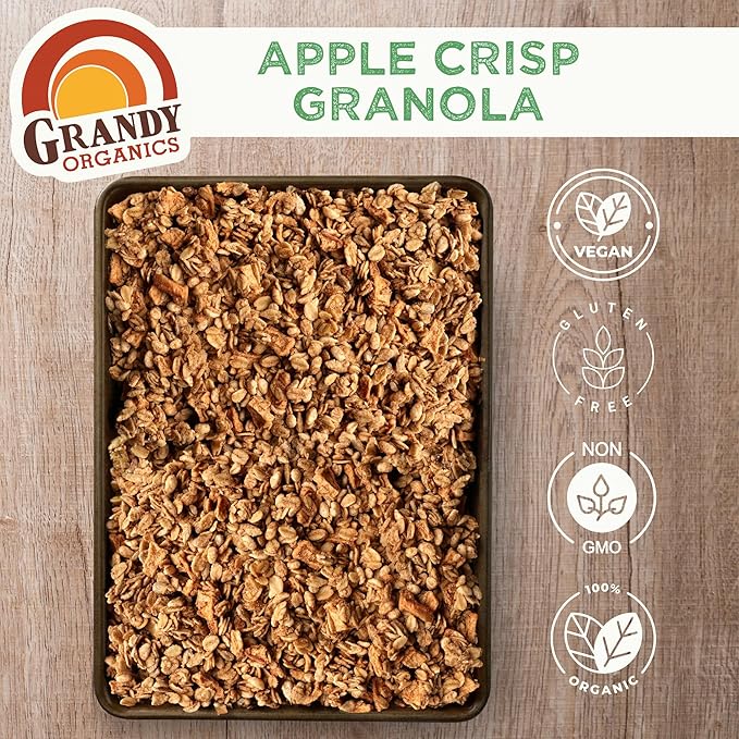 Grandy Organics Apple Crisp Granola, Certified Organic, Gluten Free, Non-GMO, Kosher, Plant Based Protein Granola, 12oz Each, Pack of 6