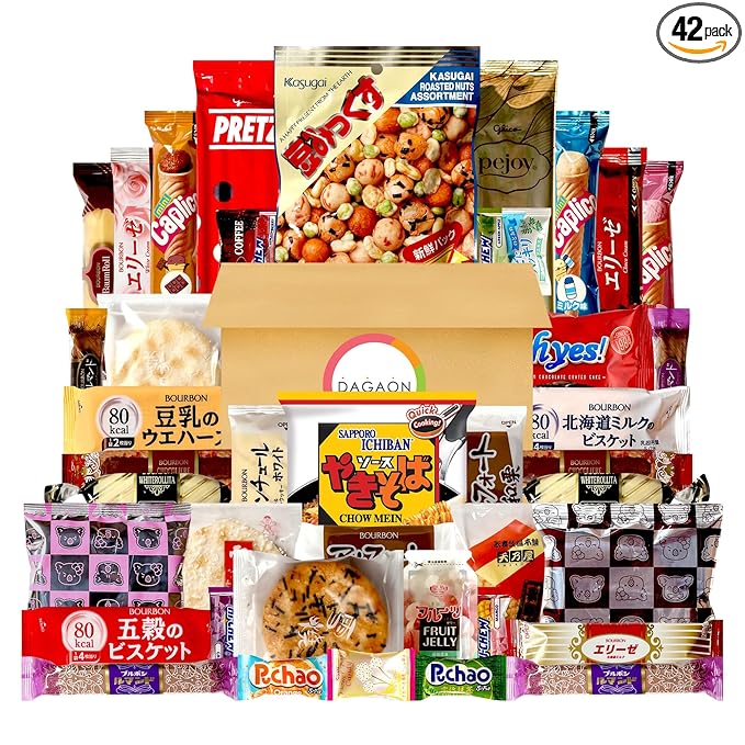 Dagaon Japanese Snack Box 42 Count - Variety of Dagashi Box - Biscuits, Cookies, Pies, Crackers, Candies, Ramen and More from Japan. Perfect appetizing snacks for any occasions, gifts and everyone.