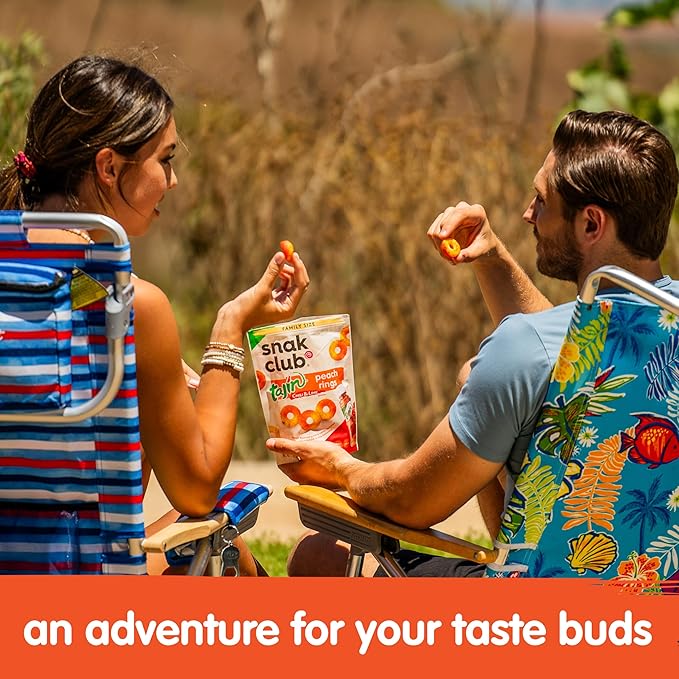 Snak Club Tajin Peach Rings Gummy Candy, Fruit Candy Gummies with Chili and Lime Seasoning, Mild, Gluten-Free and Vegan Snacks, 24 oz Resealable Bag