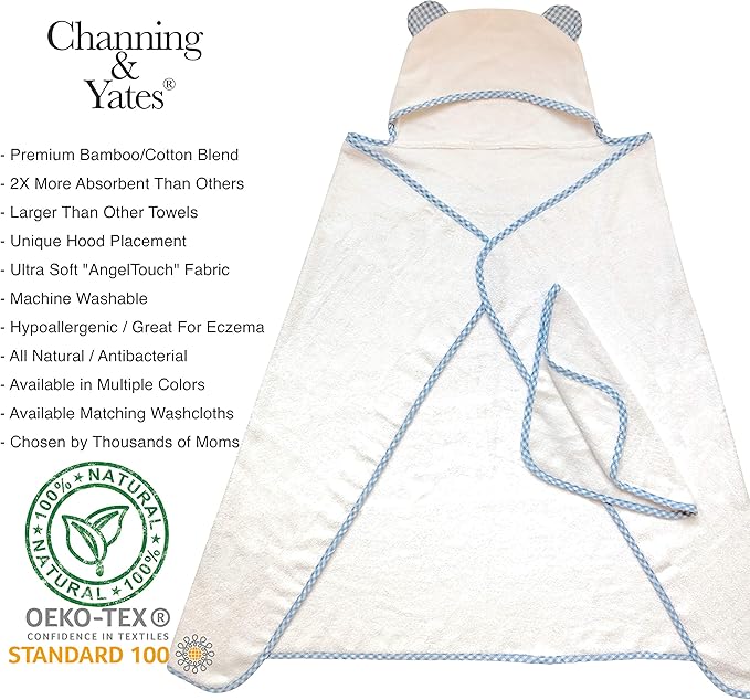 Channing & Yates Premium Boutique Organic Hooded Baby Towels and Washcloth Set - Softest Baby Towel with Hood - Baby Bath Towel for Newborn - Baby Boy Gift for Baby Shower (Blue)