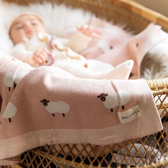 Luxury Knit Baby Receiving Blanket - 100% Cotton Soft Cozy Lightweight Receiving Swaddler Blanket for Shower Gift Registry for Newborns Infants Toddlers (Sheep - Light Pink)