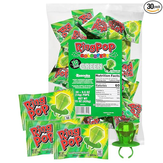 Ring Pop Individually Wrapped Green Watermelon 30 Count Bulk Lollipop Pack – Watermelon Flavored Lollipop Suckers - Fun Candy Bulk For Party Favors, Color-themed parties, & Bachelorette Parties