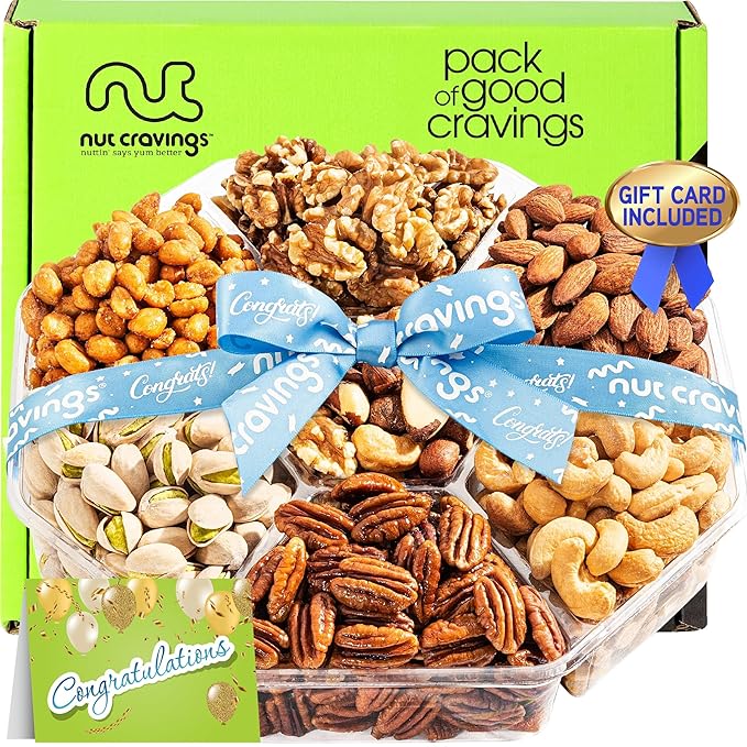 NUT CRAVINGS Gourmet Collection - Congratulations, Nuts Gift Basket with Congrats Ribbon + Greeting Card (7 Assortments) Graduation Food Platter, Healthy Snack Care Package, Food Assortments
