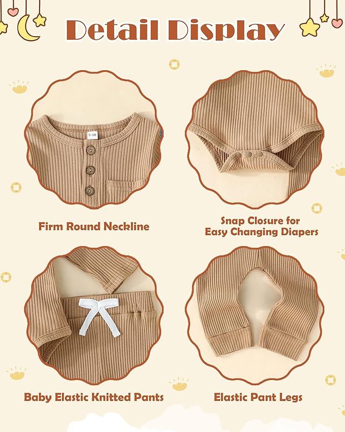 Newborn Baby Boy Girl Clothes Ribbed Knit Cotton Long Sleeve Romper Long Pant Preemie Solid Color Unisex Outfits