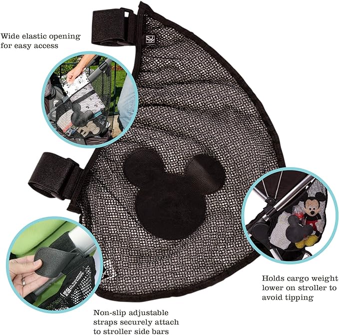 J.L. Childress Disney Baby Side Sling Stroller Cargo Net - Stroller Organizer Attachment for Storage, Mesh Bag for Baby Accessories, Universal Fit - Mickey, Black