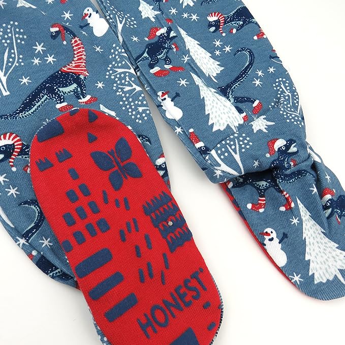 HonestBaby Non-Slip Footed Holiday Pajamas One-Piece Sleeper Zip-Front PJs Organic Cotton for Baby Boys, Girls, Unisex