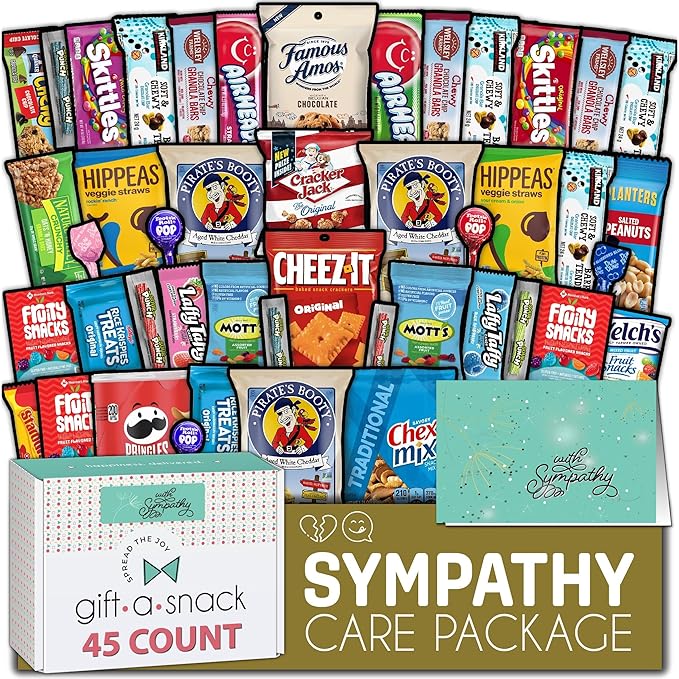 Gift A Snack - Sympathy Snack Box Care Package + Greeting Card (45 Count) Condolence for Loss of Loved One, Dog Pet Cat Memorial Sweet Treats Gift Basket - Cravy Food Assortments & Variety Gifts