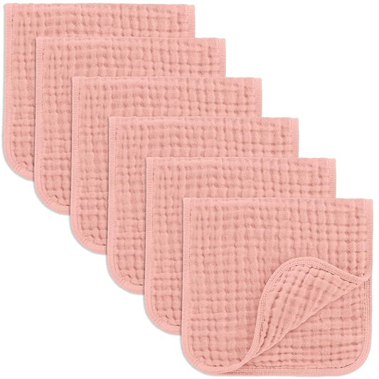 Comfy Cubs Muslin Burp Cloths 20" x 10", Pack of 6 - Large, 6-Layer, Ultra Absorbent 100% Cotton for Baby Drool and Messes - Soft, Safe & Gentle Baby Burp Cloths for Boys & Girls - Bold Blush