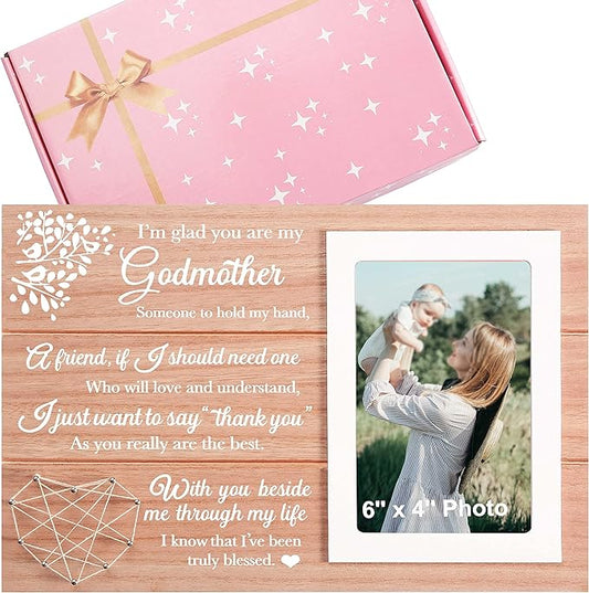 Godmother Proposal Gift Unique Godmom Photo Frame Keepsake-Thank You Gift-Baptism Christening Frame Present for Godmom-Wooden Picture Frame-I'm Glad You Are My Godmother