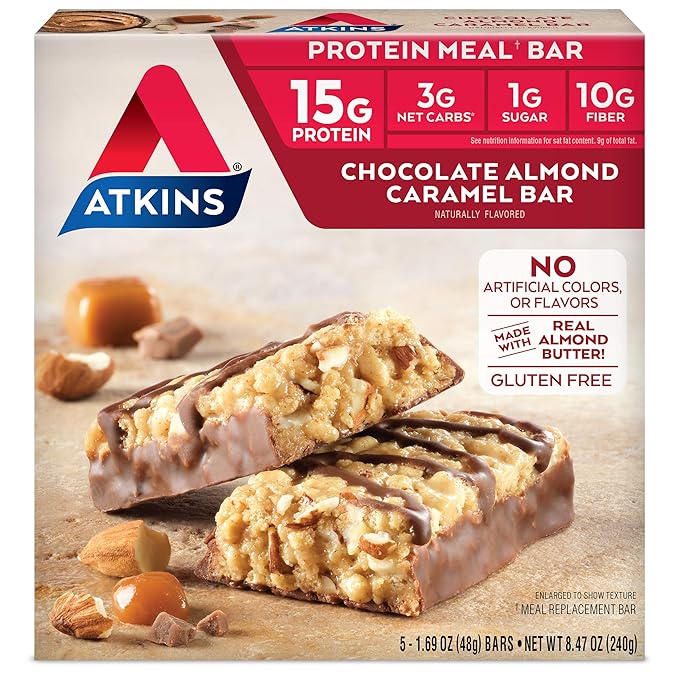 Atkins Soft Baked Vanilla Macadamia Nut Meal Bars, 15g Protein, 4 Packs (20 Bars); Chocolate Almond Caramel Bars, 5 Count