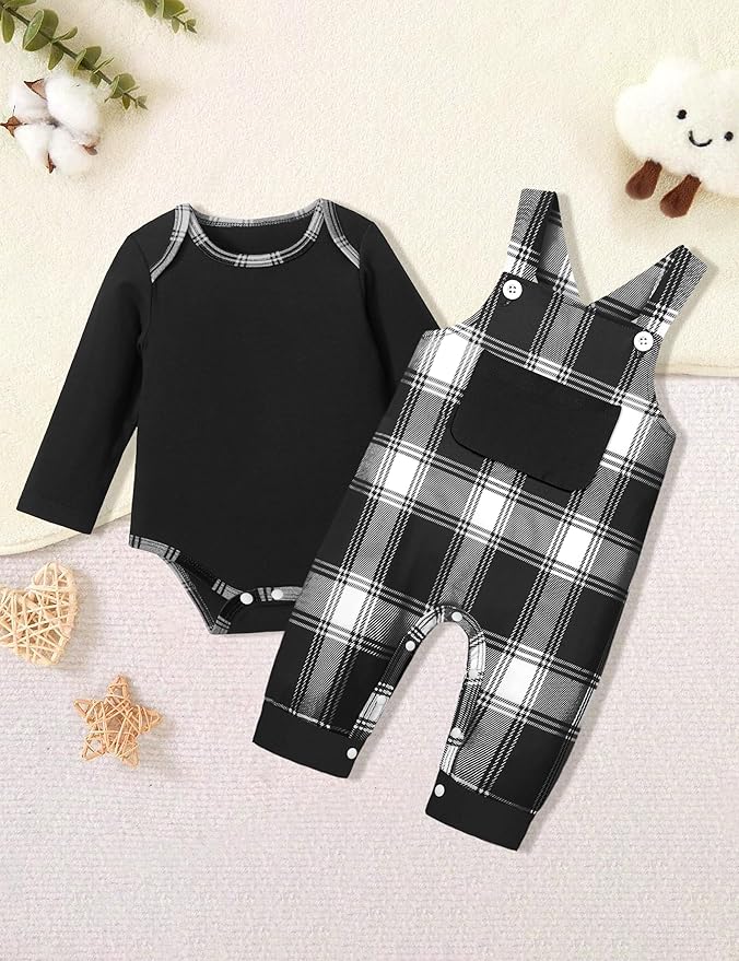 Baby Boy Clothes Long Sleeve Animal Plaid Romper + Overalls Infant Boy Clothes 2PCS Fall Winter Outfits