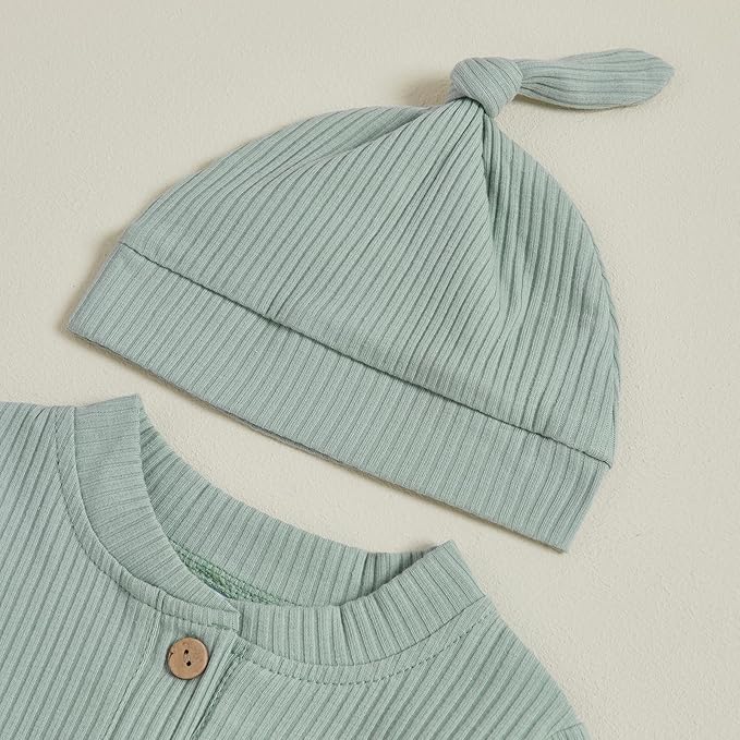 Newborn Baby Boy Clothes Long Sleeve Ribbed Bodysuit Pants Hat 3-Piece Outfit Set