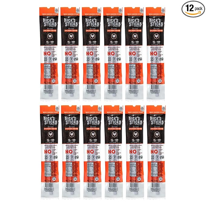Nick's Sticks Spicy Free Range Clean & Balanced Chicken Snack Sticks | Made in the USA | Gluten Free | Paleo | Keto | Whole30 Approved | No Soy, Antibiotics or Hormones (12 – 1.7oz. Packages of 2 Sticks)