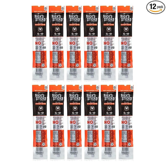 Nick's Sticks Spicy Free Range Clean & Balanced Chicken Snack Sticks | Made in the USA | Gluten Free | Paleo | Keto | Whole30 Approved | No Soy, Antibiotics or Hormones (12 – 1.7oz. Packages of 2 Sticks)