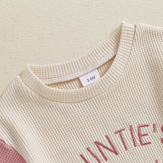 SAYOO Aunties Bestie Baby Girl Clothes Letter Embroidery Waffle Color Block Sweatshirt Bodysuit Fall Bubble Romper Pullover
