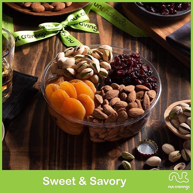 NUT CRAVINGS - Rosh Hashana & Shana Tova Dried Fruit & Mixed Nuts Gift Basket + Green Ribbon (4 Assortments) Food Arrangement, Healthy Snack Care Package, Food Assortments