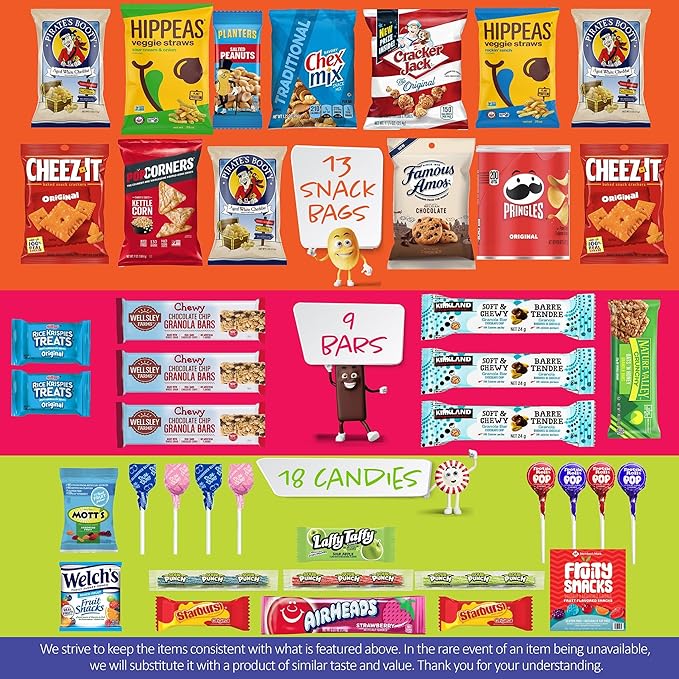 I AM Snacky - Back to School/Off to College Snack Box Variety Pack Care Package + Greeting Card - SNACKY'S BASH BOX (40 Count) Birthday Sweet Treats Gift Basket, Candies Chips, Office Food Assortments