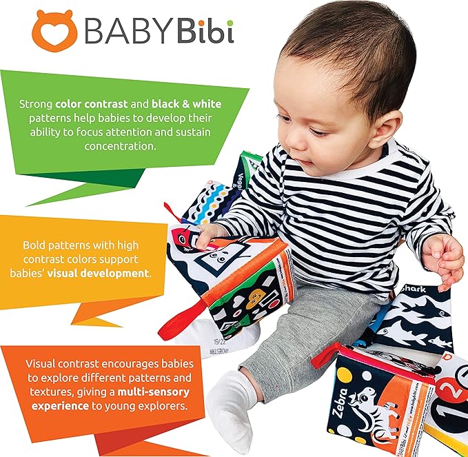 Cloth Books (Set of 6). High Contrast Soft Books. Black and White Images Encourage Infant Development – Suitable for Babies and Toddlers from 3 Months