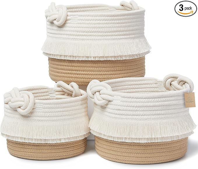 NaturalCozy 3-Piece Decorative Storage Basket Set – Cotton Rope Woven Baskets for Organizing! Small Basket for Nursery Baby Stuff, Gift Basket, Montessori, Dog Toy Bin, Cat Basket, Bathroom Shelves