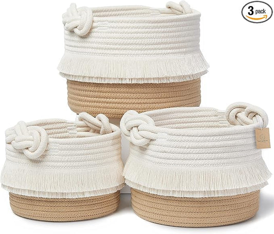 NaturalCozy 3-Piece Decorative Storage Basket Set – Cotton Rope Woven Baskets for Organizing! Small Basket for Nursery Baby Stuff, Gift Basket, Montessori, Dog Toy Bin, Cat Basket, Bathroom Shelves
